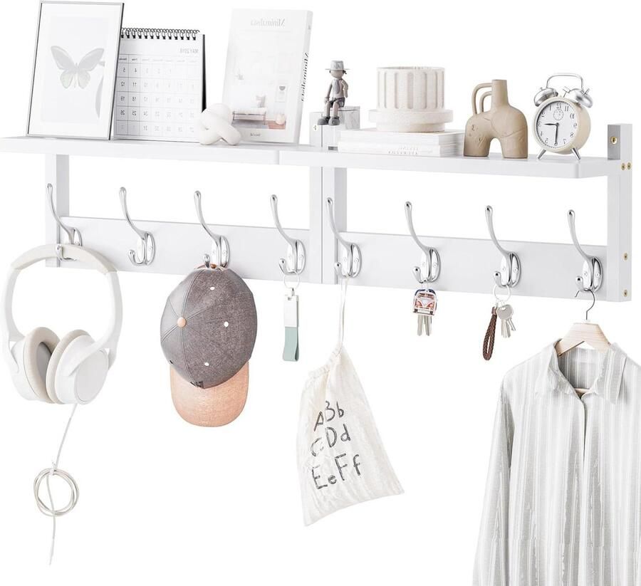 Bamboe wandrek met 8 haken Wandgarderobe 2 stuks Wit Zilver 80 cm