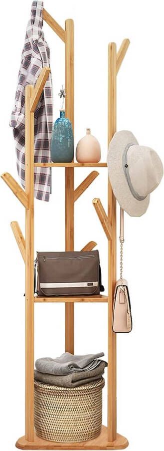 Bamboeboomvormige kledingstandaard met 8 haken 3 planken staande kapstok voor gang kantoor slaapkamer en wachtkamer voor kleding hoeden en tassen