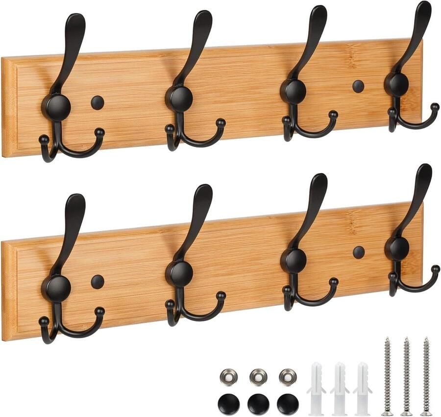 Bamboo Wooden Wall Coat Hooks (Pack of 2) Heavy Duty Wall Mounted Rack Clothes Hooks
