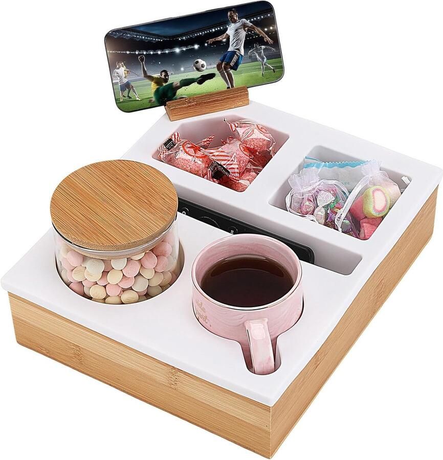 Bank Bekerhouder Dienblad Siliconen Houten Bank Lade Caddy met Draaibare Mobiele Telefoon Houder Sofa Tray Bank Bar Snack Box voor Snacks Drank Tijdschrift Afstandsbediening Slaapbank