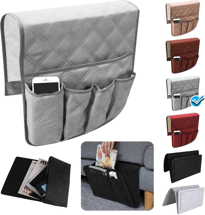 Bank Organizer Armleuning Antislip Sofa Organizer Met 5 Vakken Voor Afstandsbediening & Boeken Bed Organizer Opbergvak Grijs 35×13 Inch 1 Stuk
