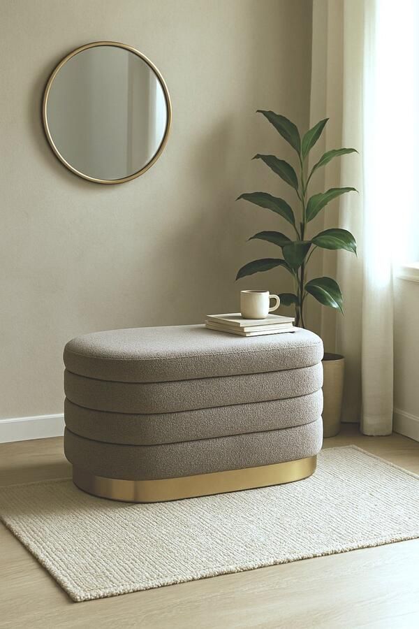 Bank Poef Teddy met opbergruimte – Goudkleurige bies – Grijs – L80 x B40 x H42 cm