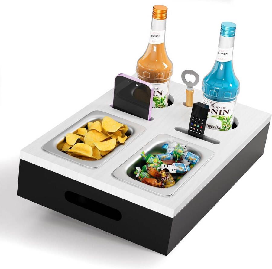 Bankbar bankorganizer op de bijzettafel salontafel houten biercadeau voor mannen bankdienblad met twee snackschalen en meerdere opbergplaatsen (wit) Merk: