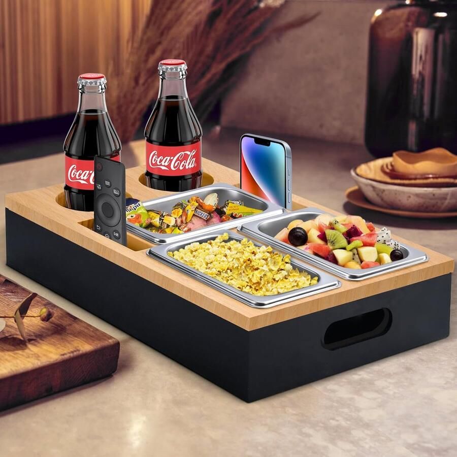 Bankbar snackbox multifunctionele organizer voor bijzettafel met bekerhouder hout