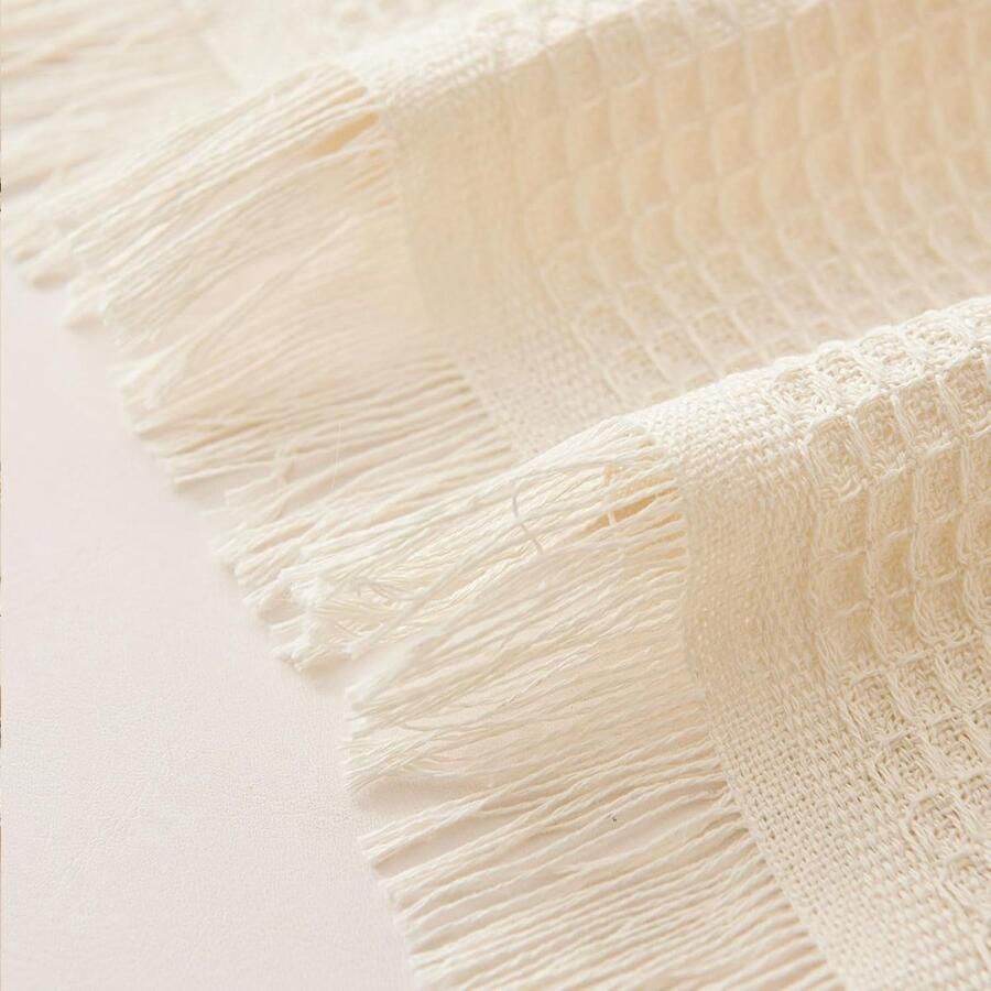 Bankdeken deken met franjes 180 x 300 cm dubbelzijdige sprei bank 3-zits wafelpatroon deken als bankovertrek bankdeken crème