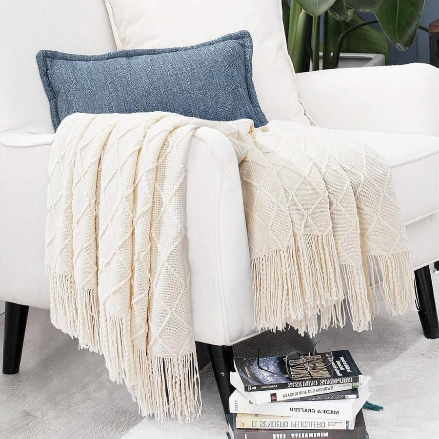 Bankdeken Knuffeldeken van zachte wol Woondeken met kwast Slaapdeken en dekbed Geschikt voor bank kantoor auto en bed 127 x