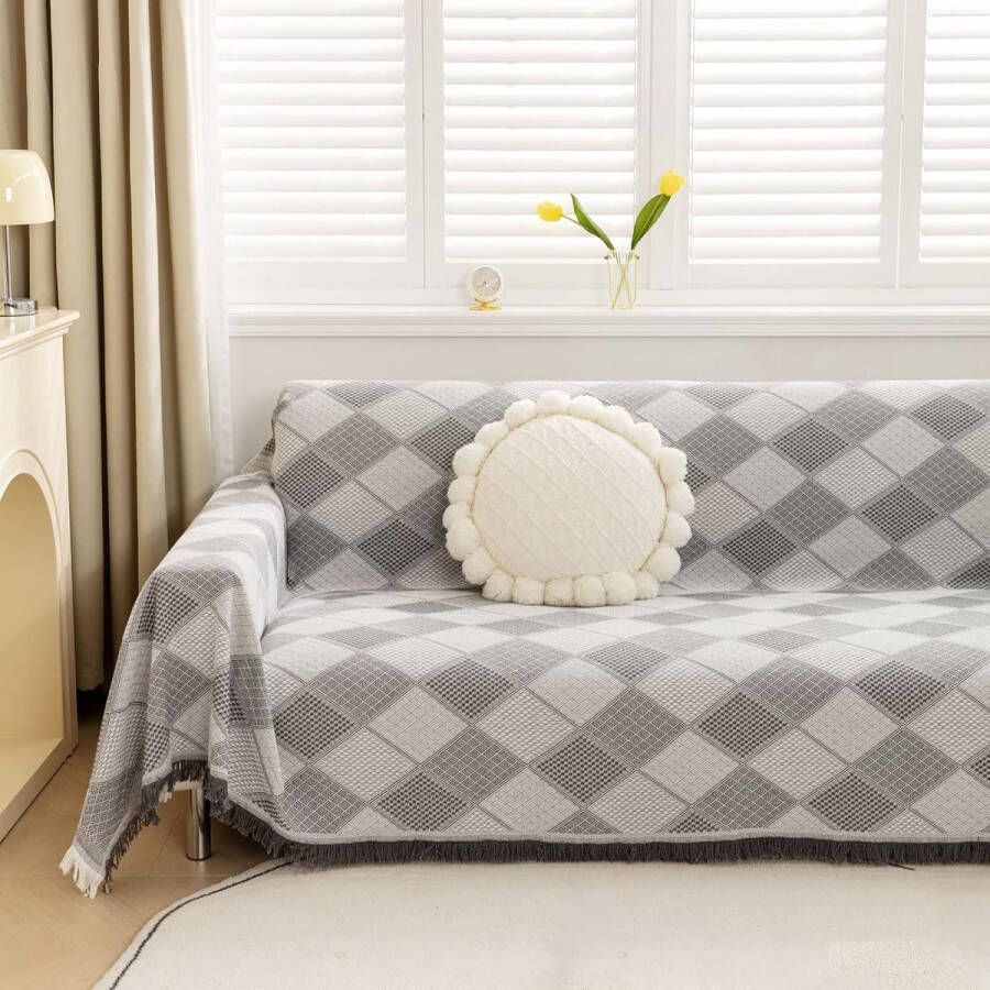 Bankdeken met ruitmotief omkeerbaar XXL grote bankhoes decoratieve bankhoes bankdekens voor het bedekken van sprei met kwastjes lichtgrijs 180x340cm