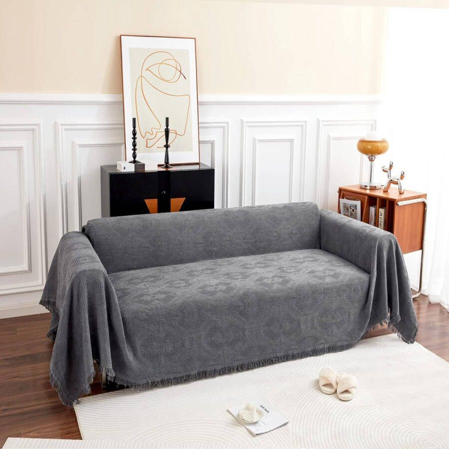 Bankdeken voor 2-zitsbank met decoratieve kwastjes dubbelzijdige bankhoes banksprei voor bank en bed ruitpatroon met bladeren en bloemen grijs 180 x 230 cm