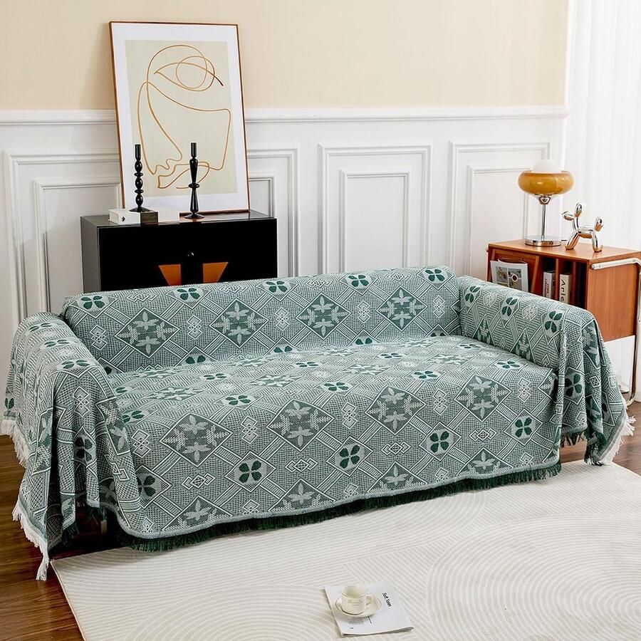 Bankdeken voor 2-zitsbank met decoratieve kwastjes dubbelzijdige bankhoes banksprei voor bank en bed ruitpatroon met bladeren en bloemen groen 180 x 230 cm