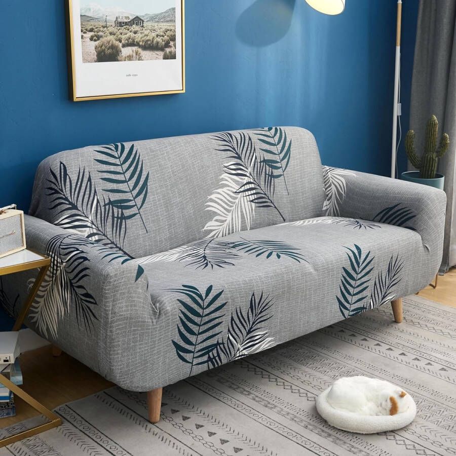 Bankhoes 2-zits elastische stretch bankhoes met bladerenpatroon bankgooi bankhoes beschermer voor honden katten huisdieren grijs