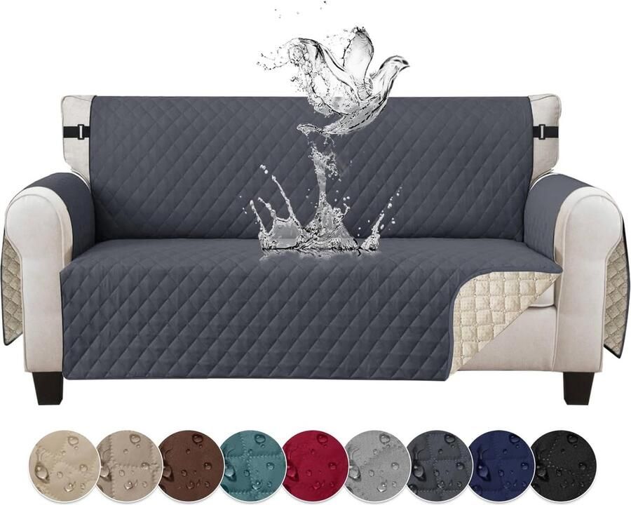 Bankhoes 2-zits waterdichte bankovertrek met armleuningen antislip omkeerbaar doorgestikt voor huisdieren katten honden donkergrijs