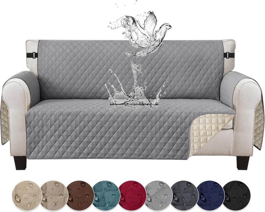 Bankhoes 2-zits waterdichte bankovertrek met armleuningen antislip omkeerbaar doorgestikt voor huisdieren katten en honden lichtgrijs