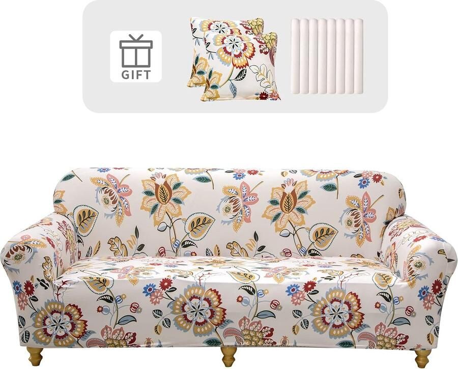 Bankhoes 3-zits stretch bankovertrek elastische bankovertrek elastaan bankovertrek met 2 kussenslopen antislip wasbaar bankbescherming bank bloem