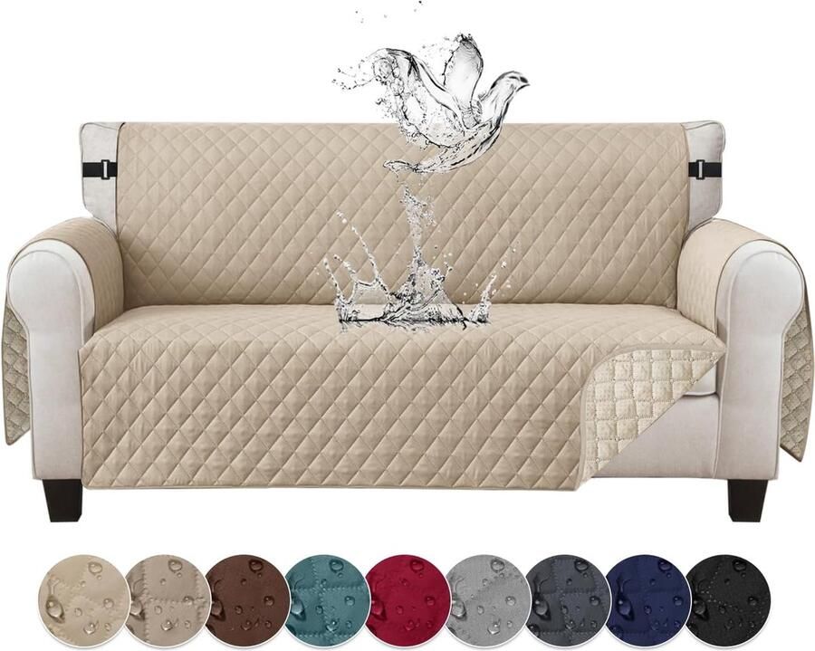 Bankhoes 3-zits waterdichte bankovertrek met armleuningen antislip omkeerbaar doorgestikt voor huisdieren katten honden beige