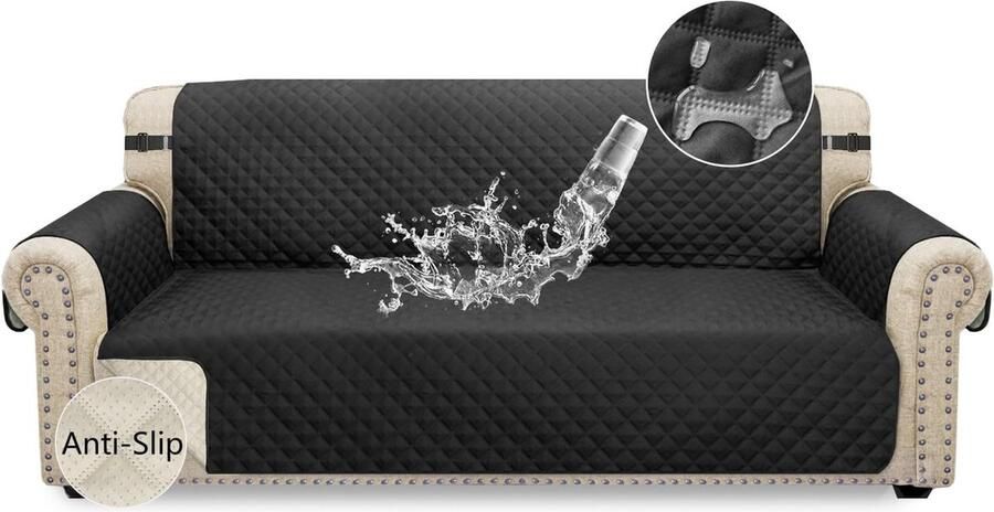 Bankhoes Granbest Waterdichte bankovertrek 2-zits antislip met elastische riemen wasbare bankbescherming voor kinderen huisdieren honden katten (2-zits zwart)