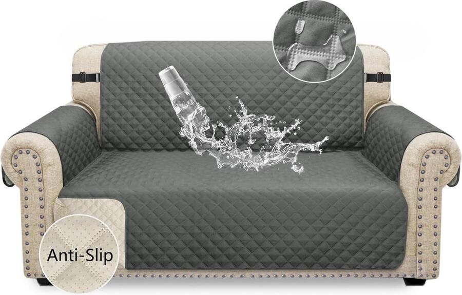 Bankhoes Granbest Waterdichte bankovertrek 2-zits antislip met elastische riemen wasbare bankbescherming voor kinderen huisdieren honden katten (2-zits grijs)