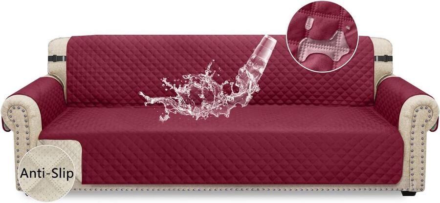 Bankhoes Granbest Waterdichte bankovertrek 2-zits antislip met elastische riemen wasbare bankbescherming voor kinderen huisdieren honden katten (2-zits wijnrood)