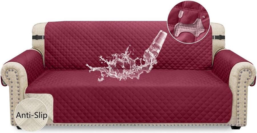 Bankhoes Granbest Waterdichte bankovertrek voor 3-zits antislip met elastische riem wasbare bankbescherming voor kinderen huisdieren honden en katten 3-zits wijnrood