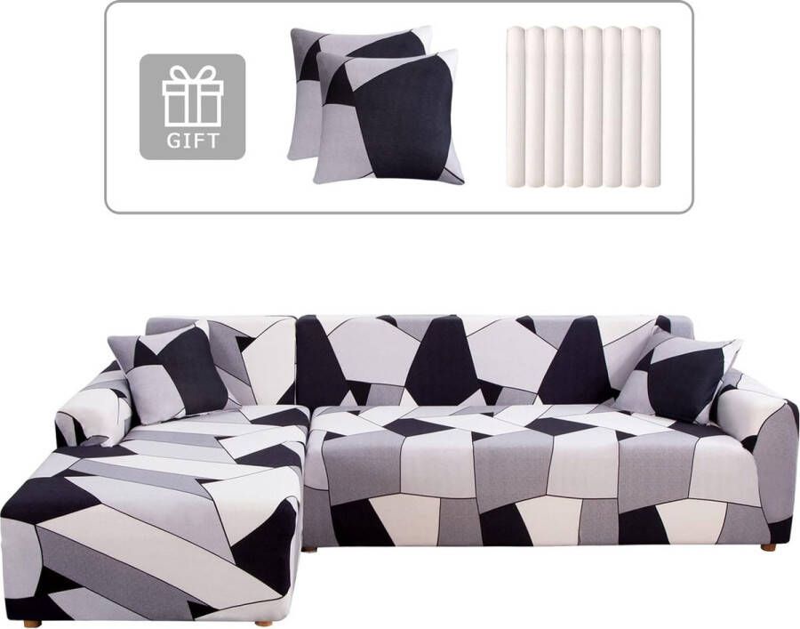 Lydevo Bankhoes Hoekbank L-vorm Bankspreien Stretch bankhoes L-vorm rechts of links met twee kussenhoezen Wasbaar Universele bankhoes L-vorm Bankhoes L-vorm (2 en 2 zwarte geometrie)