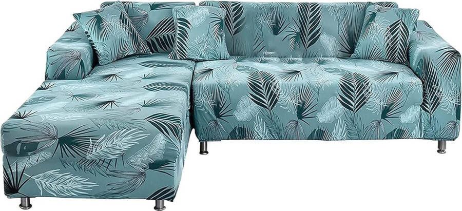Bankhoes hoekbank L-vorm bankspreien Stretch bankhoes L-vorm rechts of links met twee kussenhoezen Wasbaar Universele bankhoes L-vorm bankhoes L-vorm (3+3 blauwe bladeren)