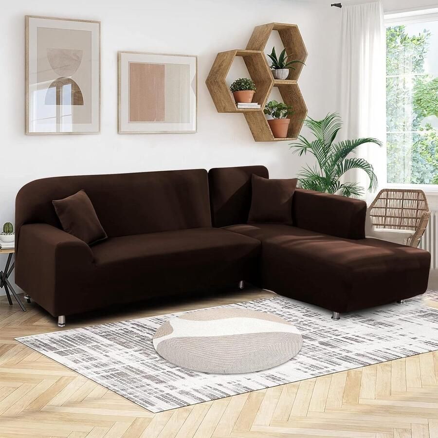 Bankhoes hoekbank L-vorm links rechts stretch 2-delige set met 2 kussenslopen afneembaar universeel elastische bankovertrek L-vormig (2-zits + 3-zits donkerbruin)