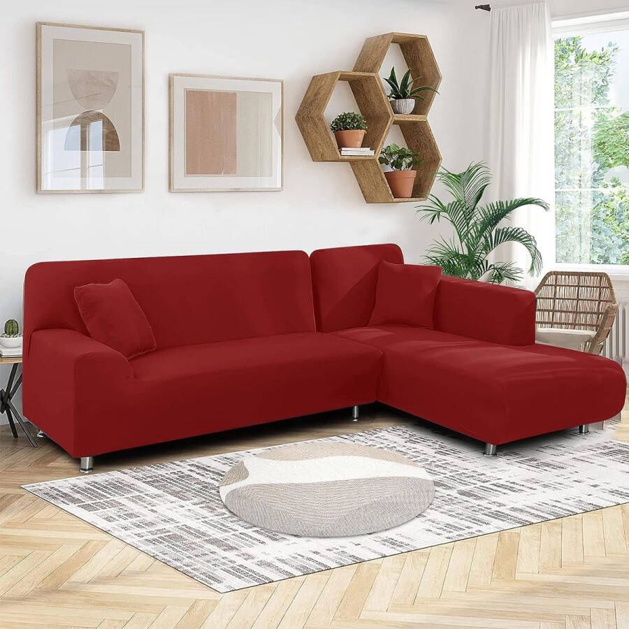 Bankhoes hoekbank L-vorm links rechts stretch bankovertrek 2-delige set met 2 kissing loops afneembare universele elastische bankovertrek L-vormige bankovertrek (2-zits + 2 zits rood)