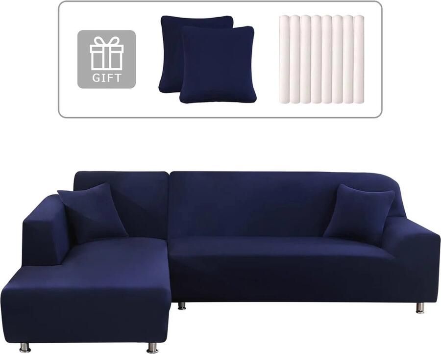 Bankhoes Hoekbank L-vorm – Stretch Bankhoes voor L-vormige Bank (Rechts of Links) met Twee Kussenhoezen – Wasbaar en Universeel – Geschikt voor 3-zits + 4-zits (Marineblauw)