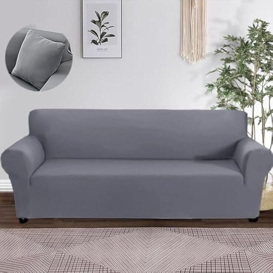 Bankhoes hoge rekbare bankhoes 1-4-zits melkeiwitvezel meubelbeschermer huisdiervriendelijk (grijs 3-zits)