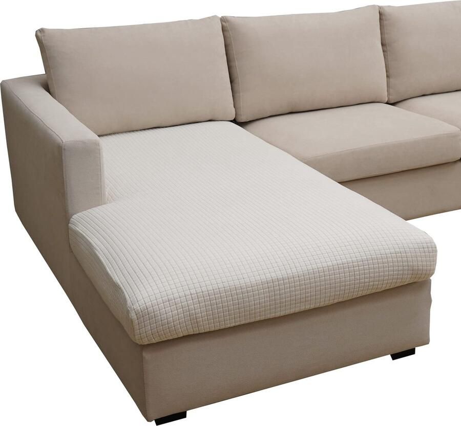 Bankhoes L-vorm 3-zits stretch zitkussen bankovertrek elastische overtrek cover voor L-vorm crèmewit chaise longue (1 stuks)