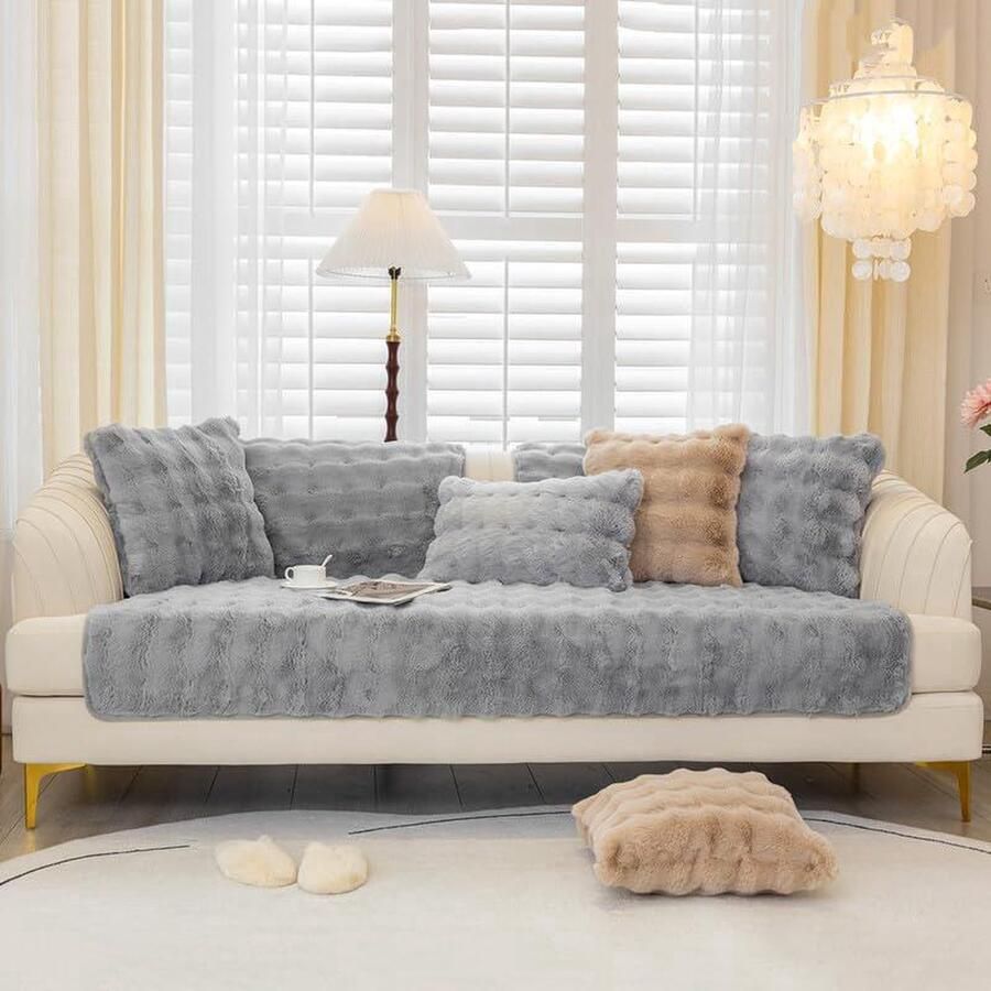 Bankhoes L-vorm Hoekbankovertrek Geschikt voor 1 2 3 4-zits Lichtgrijs Pluche 90 x 160 cm