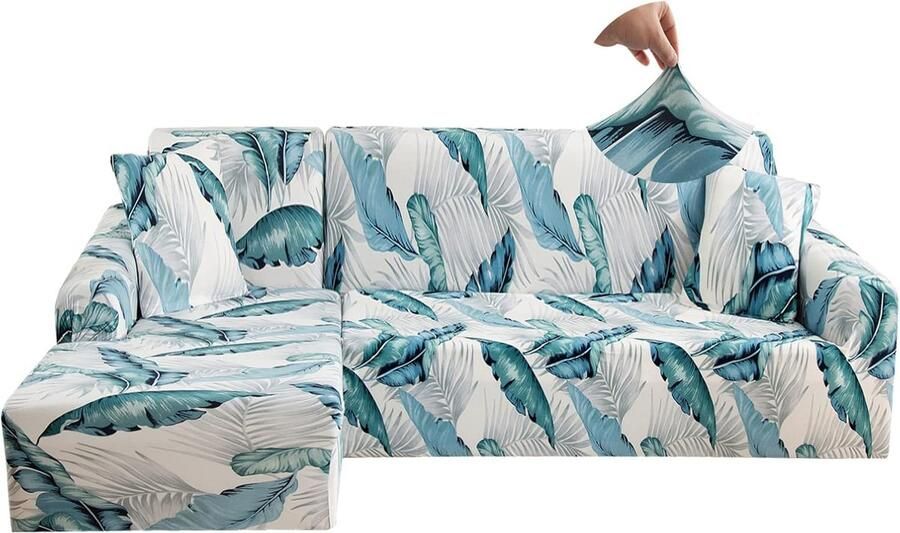 Goodivery Bankhoes elastisch spandex stretch bankovertrek voor L-vorm universeel wasbaar antislip 2-zits + 2 zits groene wilde fee