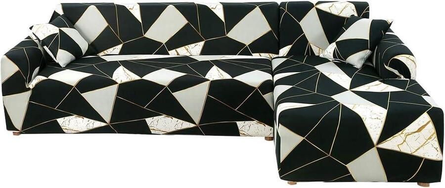 Bankhoes stretch 3 zitsbanken Elastische bankovertrek voor 3-zitsbank L-vorm Geometrisch patroon Inclusief 2 kussenslopen bankhoes stretch 3 zitsbanken