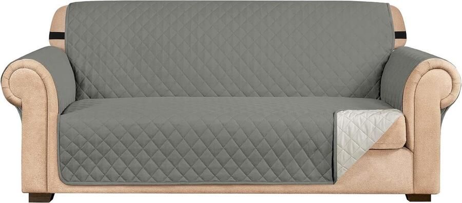 Bankhoes stretch 3 zitsbanken Gewatteerde omkeerbare bankbeschermer Lichtgrijs Verstelbare elastische riemen Zijopbergvak bankhoes stretch 3 zitsbanken