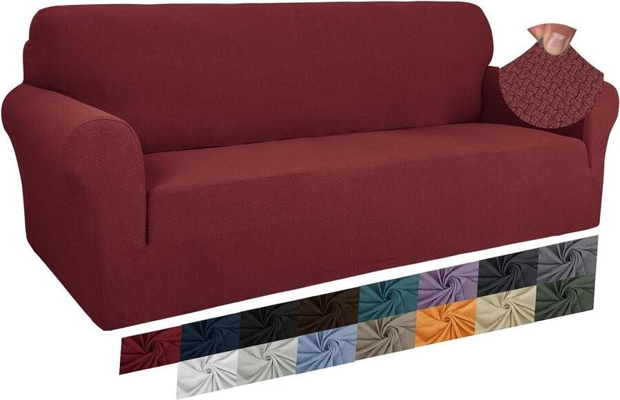 Jacquard bankovertrekken voor 3-zits bank super stretch antislip huisdiervriendelijk 1-delige elastische honden bankovertrek (wijnrood)