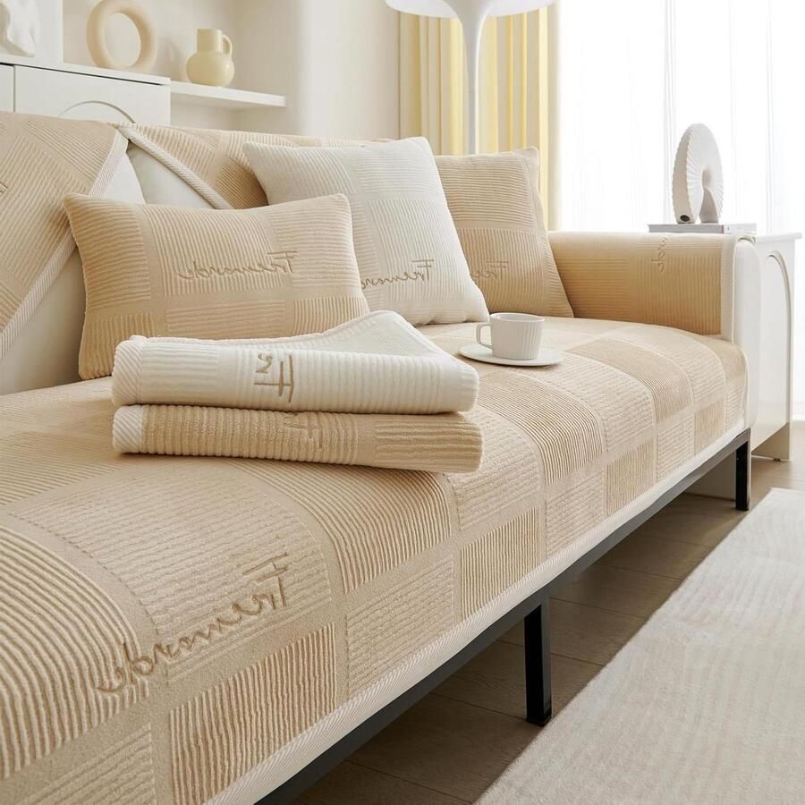 Bankhoes stretch 3 zitsbanken universele antislip bankovertrek 1-2-3-4-zits voor L-vorm hoekbank wasbaar hond kat krasbescherming melkfluweel lichtbruin 90 x 120 cm 1 stuk bankhoes stretch 3 zitsbanken