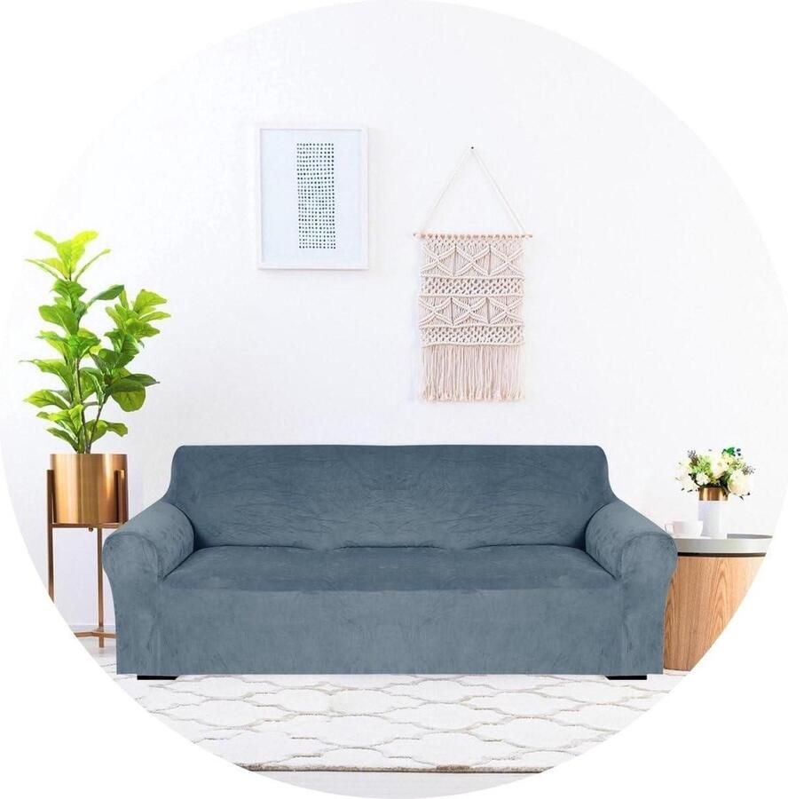 Bankhoes stretch 3 zitsbanken Velvet Stretch Bankhoes 3-zitsbank (185-230 cm) tegen beschadigingen en vlekken Steenblauw bankhoes stretch 3 zitsbanken