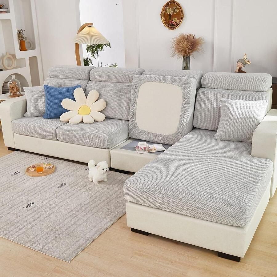 Bankhoes Universeel Slijtvast Hoge Elastische Antislip L-vormig Meubelbeschermer Zitstoel Hoes Weefpatroon Lichtgrijs M Achterhoes