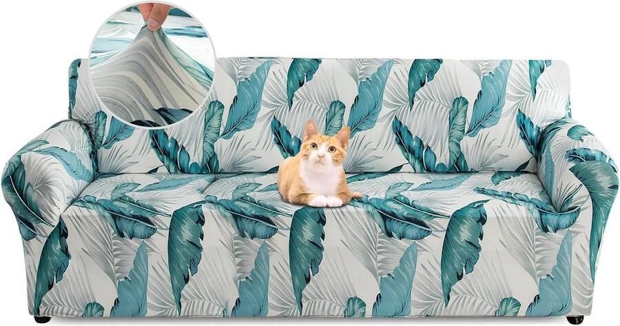 Bankhoes voor 3-zits elastisch universeel 1 stuk witte bladeren super zachte stof