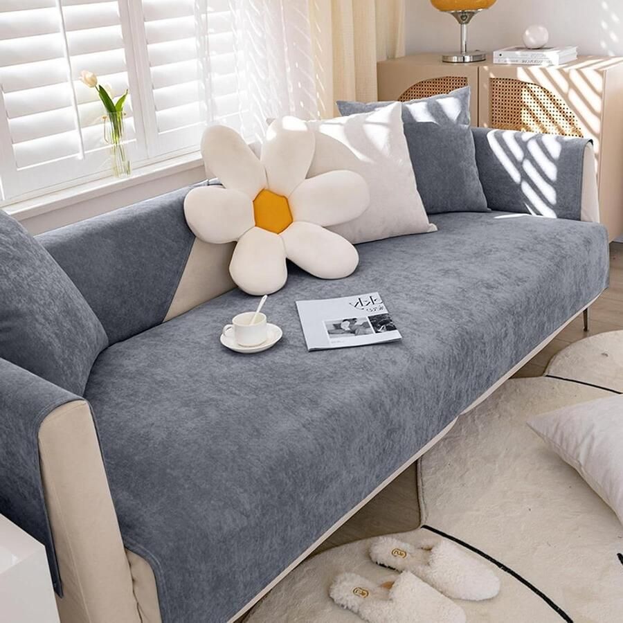Allecto Plus Bankhoes Chenille antislip voor huisdieren Vintage bankovertrek 1-4-zitsbank Effen U-vorm L-vorm sectionele bank Dikke bankovertrek hoekbank 90 x 160 cm
