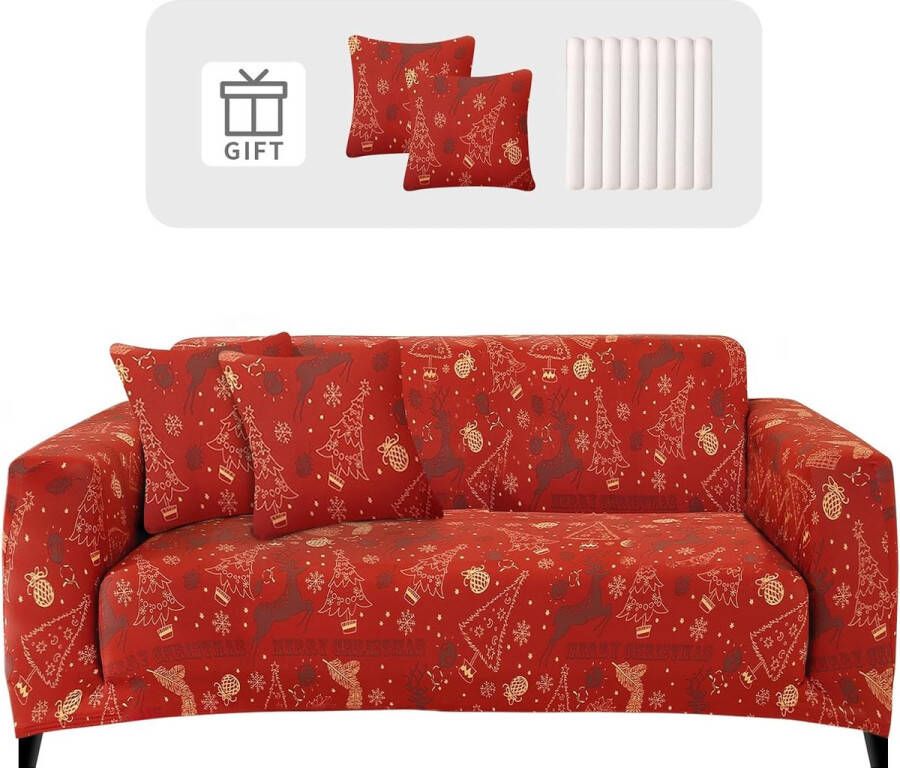 Bankhoes voor Kerstmis 3-zits stretch bankovertrek elastische bankovertrek kerstman bankovertrek met 2 kussenslopen antislip kerstbankbescherming rood-goud