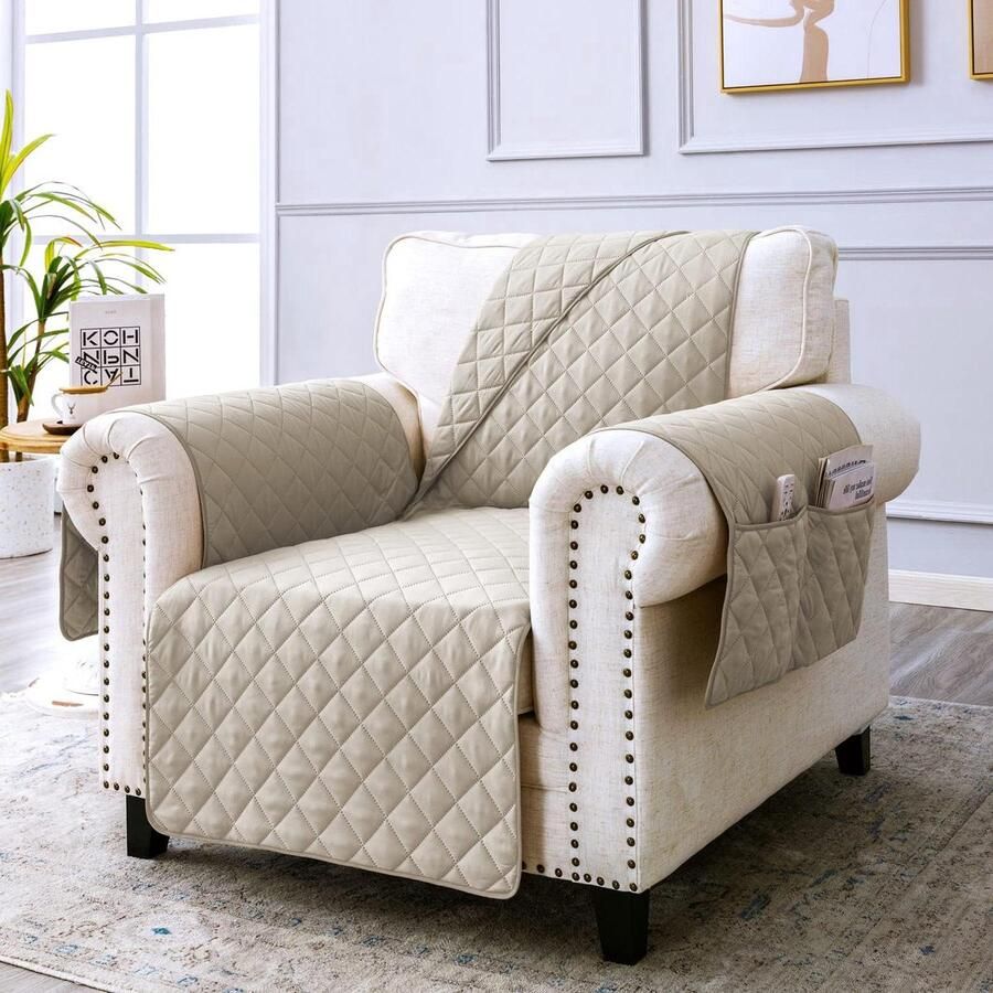 Bankhoes voor waterdicht met opbergvakken antikras 1 stuk crèmewit gequilte stof 60 cm