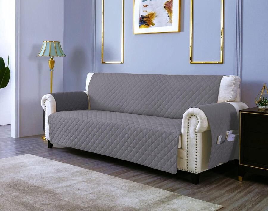 Waterdichte Bankhoes met Opbergvakken Antikras 3 Zitplaatsen Crèmewit Grijs Gevoerde Quilting 170 CM