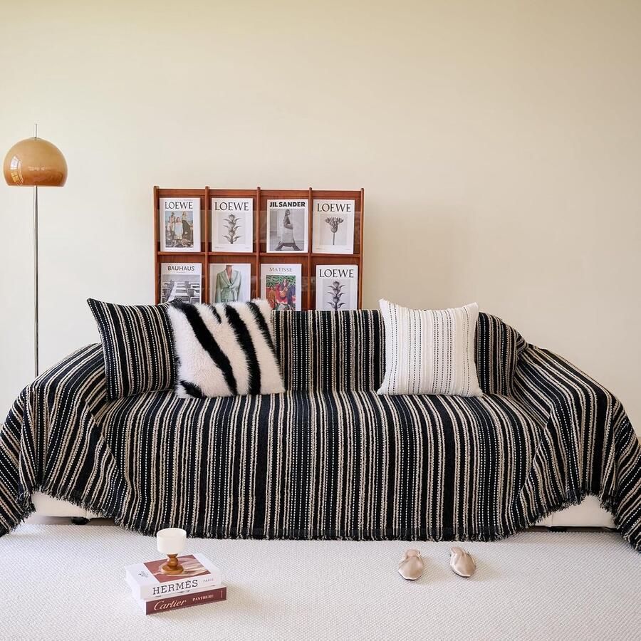 Bankhoes Zwarte bankhoes voor 3 kussens Bank met kwastje Khaki Jacquard Streep Chenille bankhoes Wasbare bankhoes Deken Hondenbeschermer Meubelhoes 71 inch x 134 inch