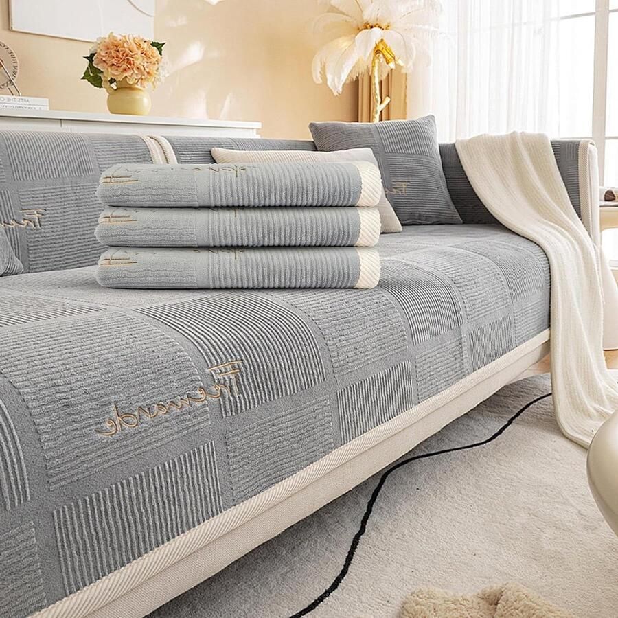 Allecto Plus Bankbeschermhoes Hoekbank Universeel Antislip Solide Structuur Grijs Woonkamer Bankhoes 1 2 3 Zits L-vormige Banksprei 70 x 120 cm