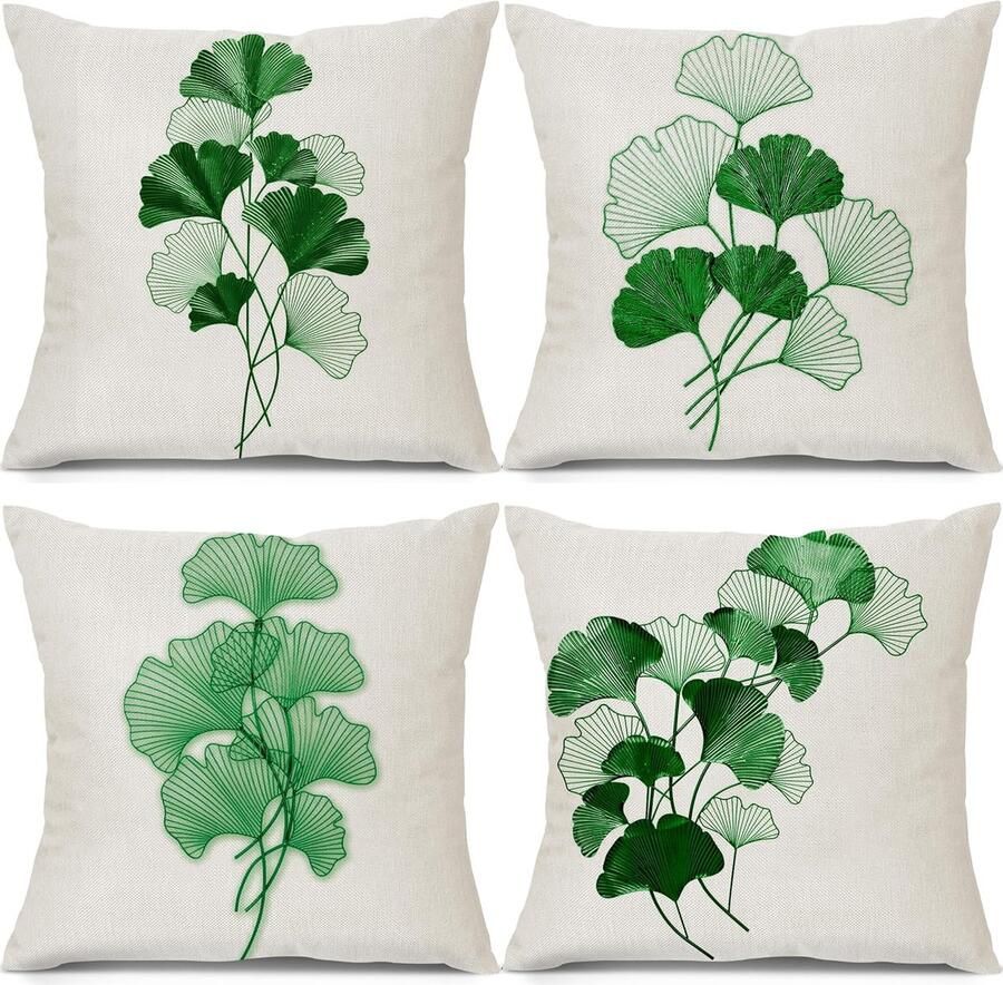 Bankkussen lente zomer 40 x 40 cm groene ginkgobladeren linnen boho decoratieve kussenhoezen bankkussen kussenhoes decoratief kussen kussensloop kussen voor bank slaapkamer woonkamer