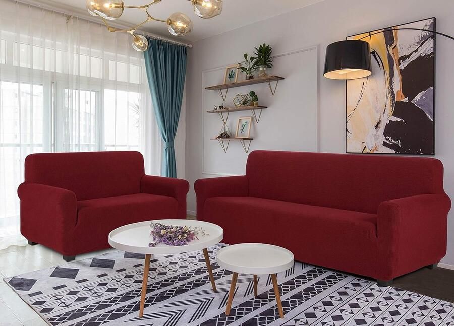Bankhoes Rekbare Bankovertrek Stretch Bankhoezen Elastische Meubelbeschermer Jacquard Sofahoes (2-Zits Claret) - Foto 2