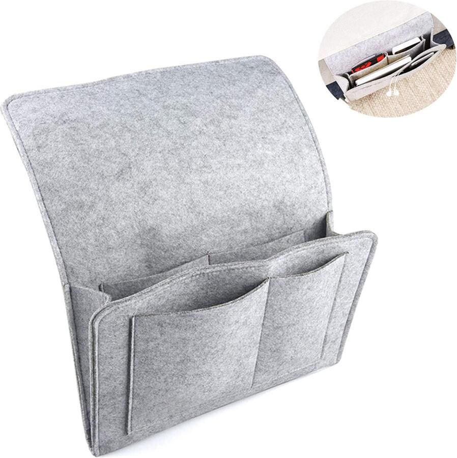 Bankorganizer – Hoogwaardige Vilten Opbergzak voor Bed of Bank – Bedside Pocket – 5 Vakken – 32 x 20 x 10 cm – Grijs