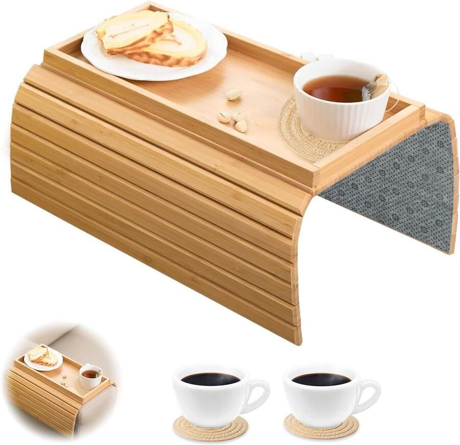 Bankovertrek bamboe armleuningtafel Opvouwbaar en antislip Bank armleuninghouder voor snacks en afstandsbediening Cupholder Duurzaam materiaal Handig en praktisch Houtkleur 80x30 cm