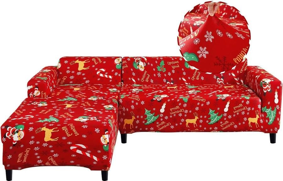 Bankovertrek elastische spandex stretch bankovertrek voor L-vormige bank universeel wasbaar bankovertrek 2-zits + 2 zits kerstman