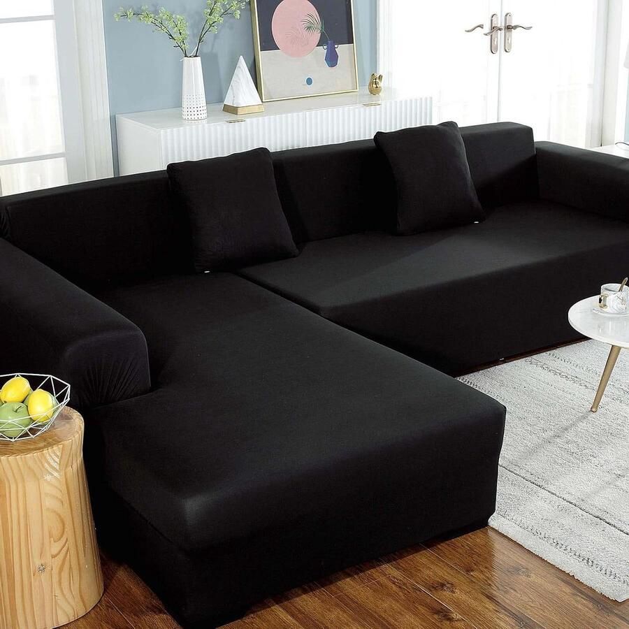 Bankovertrek elastische stretch bankhoes inclusief 2 kussenslopen zwart 2-zits + 3-zits hoekbank hoes stretch